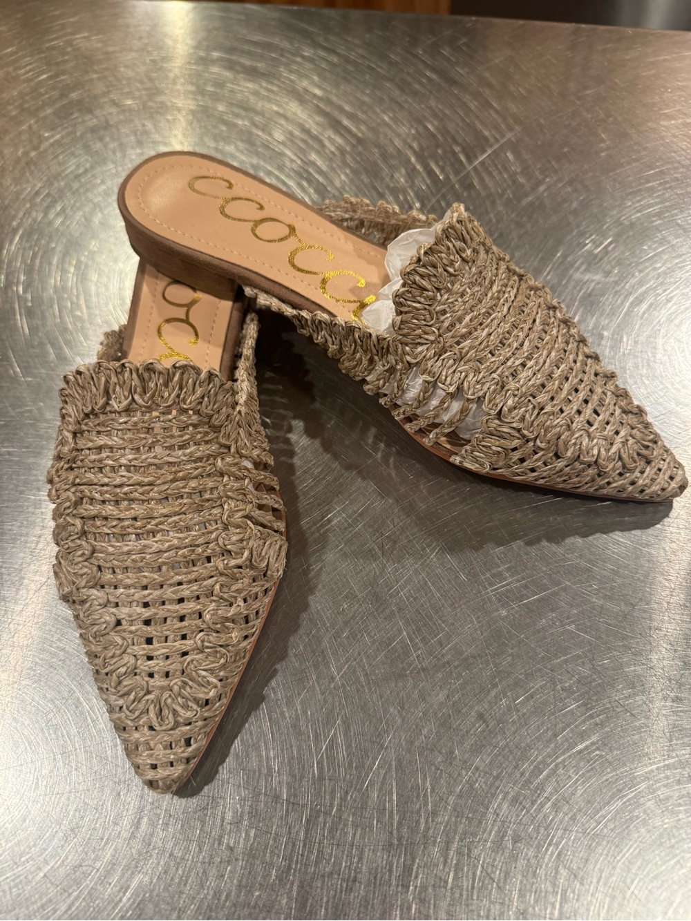 Woven Pointed-Toe Slip-On Mules in Natural Beige